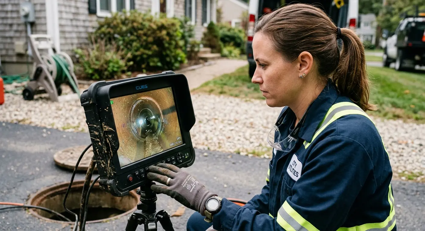 Technician reviewing sewer camera inspection footage in Gloucester