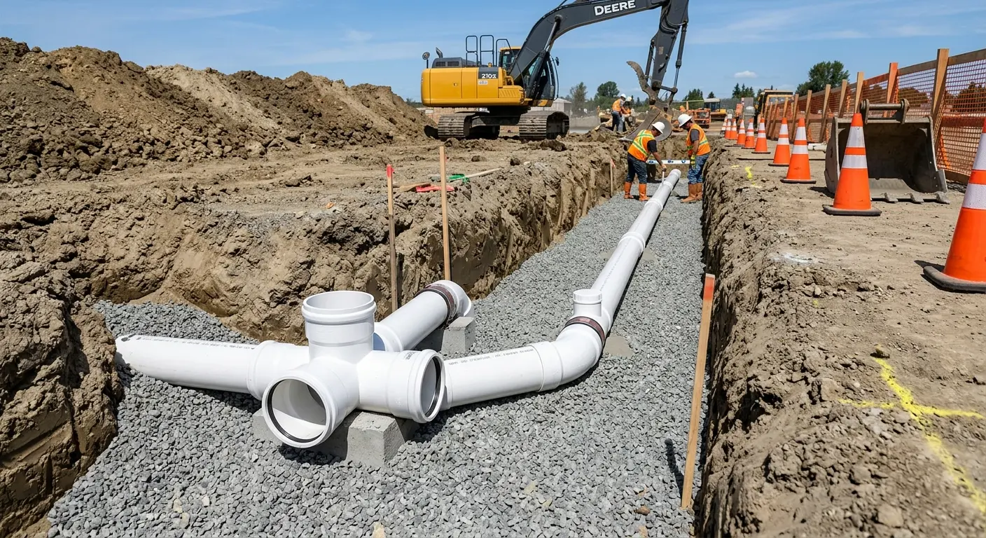 New PVC sewer pipe installation in open trench for Sewer Backup in Gloucester