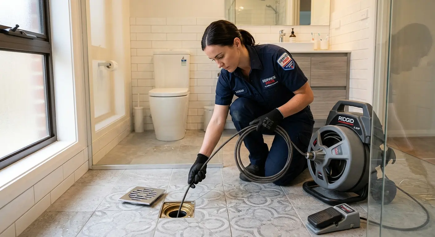 Technician clearing a bathroom floor drain for Drain Cleaning in Gloucester